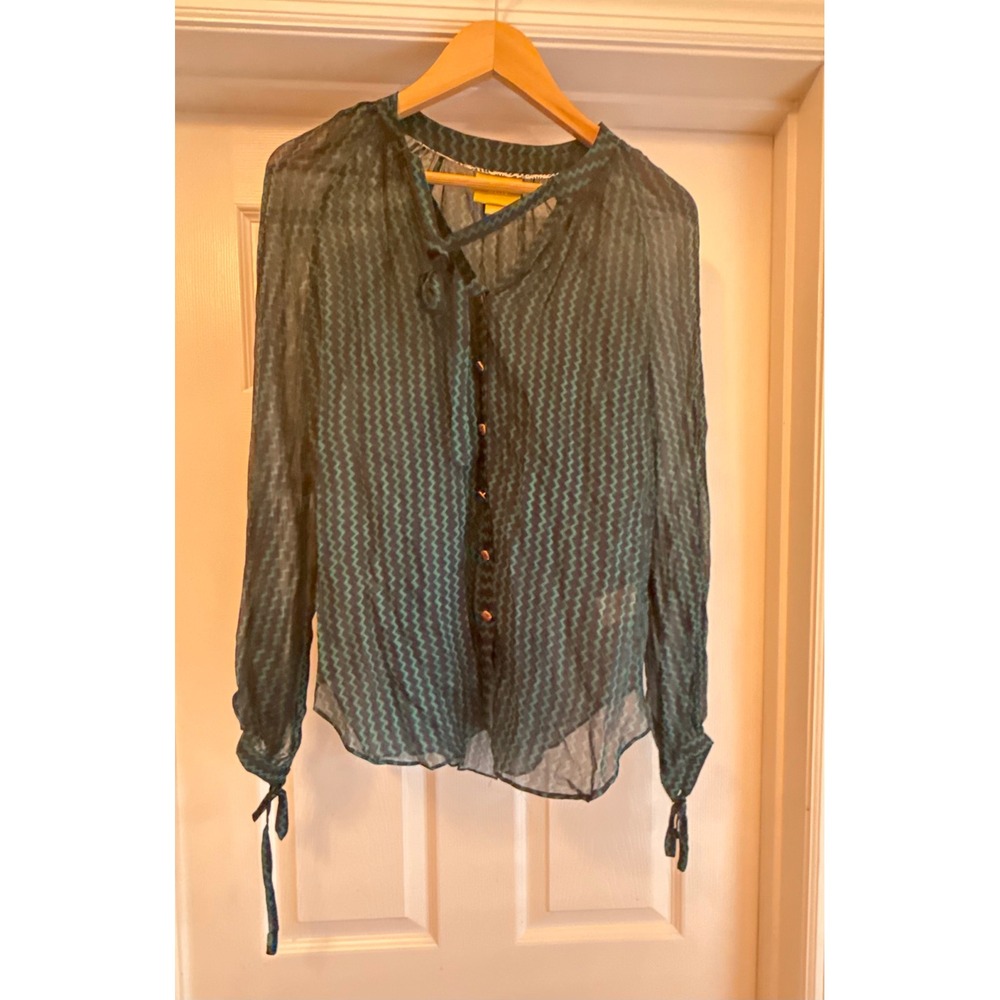 Maeve Blouse Women XS Teal Navy Blue Chevron Sheer Tie Neck Long Sleeve Blouse